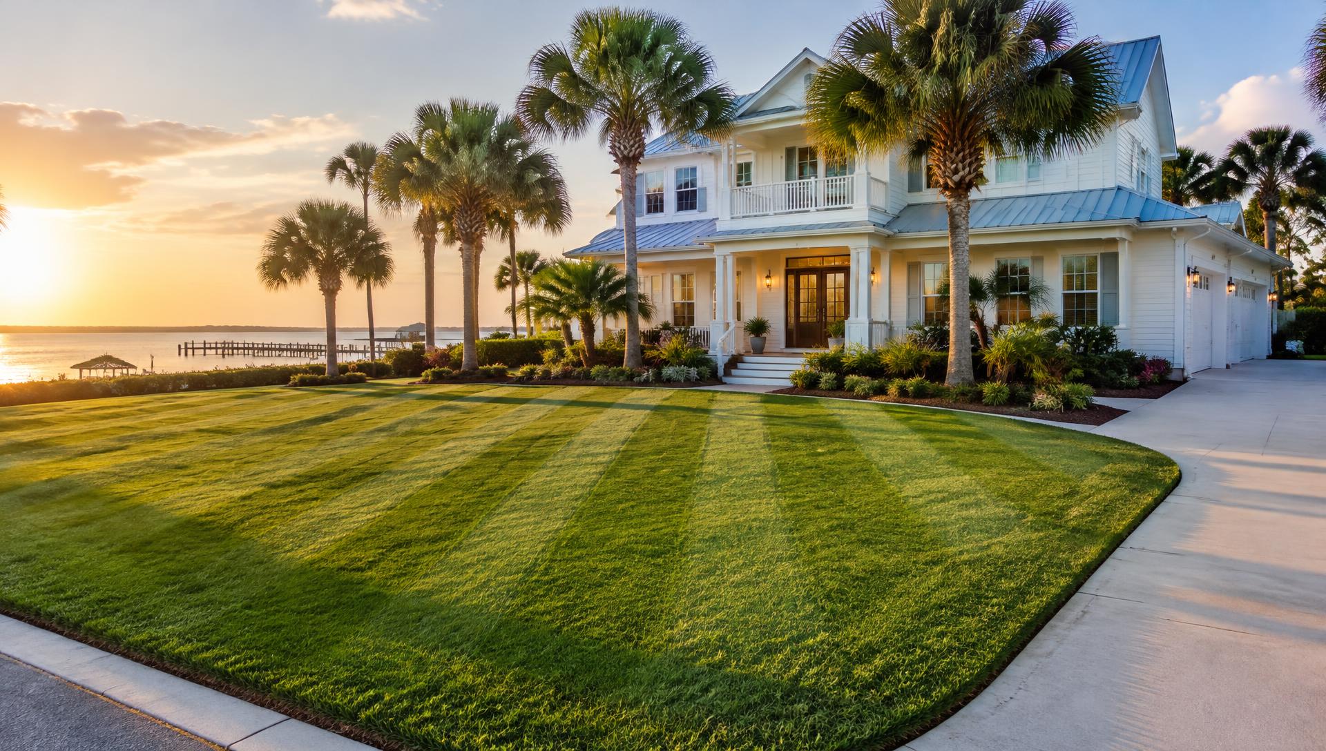 Freshly striped St. Augustine lawn in front of a white coastal Florida home with palm trees at golden hour